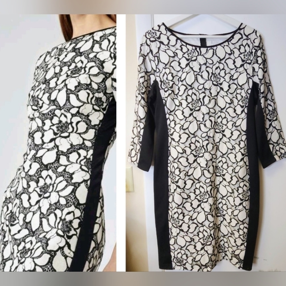 Bisou Bisou Black And Ivory Floral Lace 3/4 Sleeves Pencil Dress Size 10